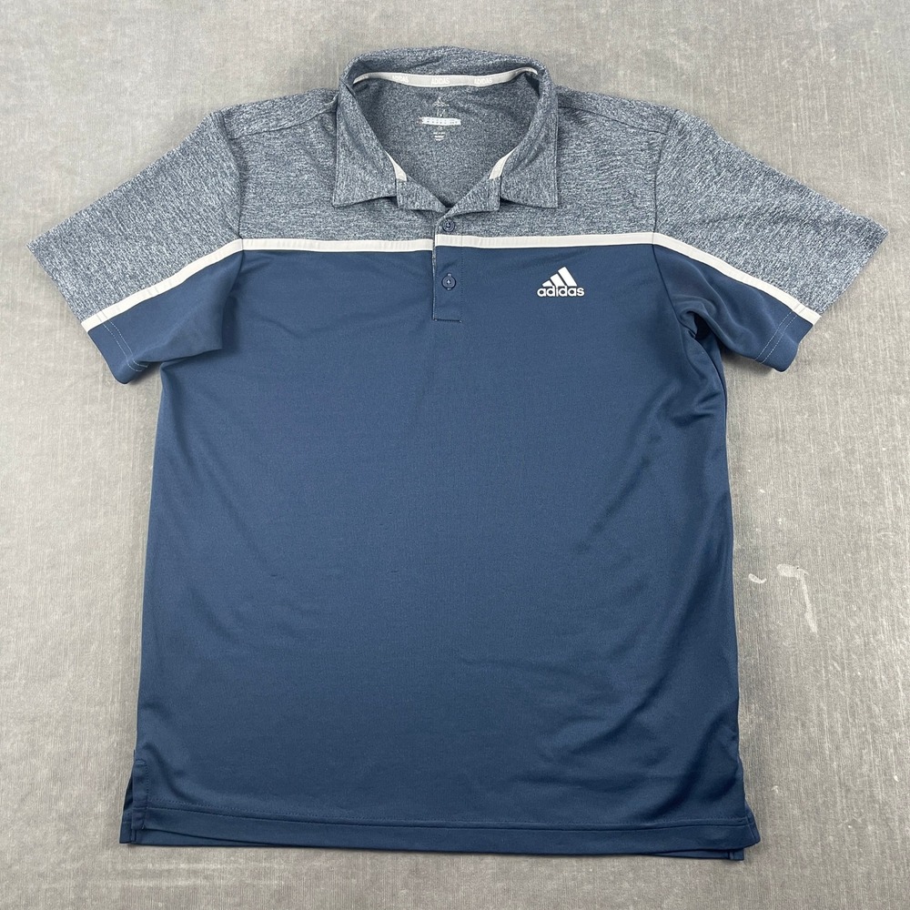 Adidas Mens M Navy Blue Polo Shirt Colorblock Heathered Short Sleeve Golf